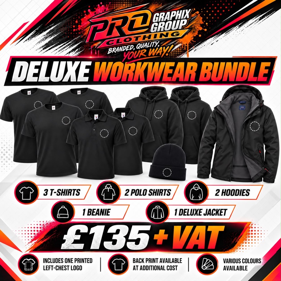 Deluxe Workwear Bundle - 3 T-Shirts, 2 Polo Shirts, 2 Hoodies, 1 Beanie, 1 Deluxe Jacket