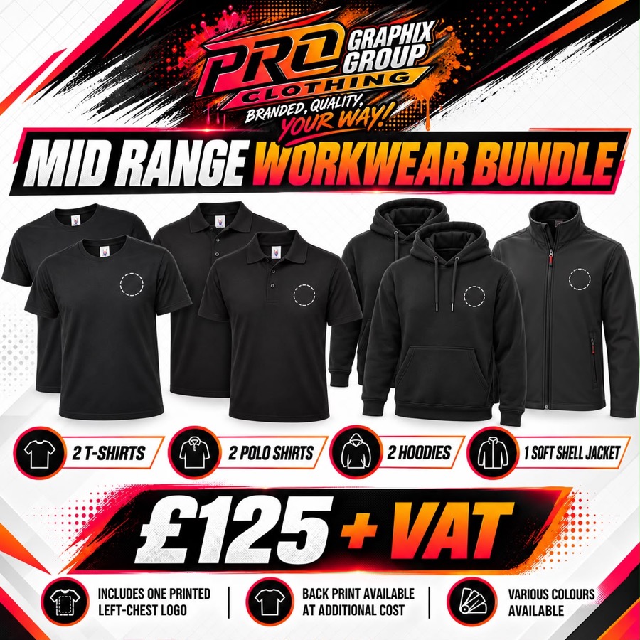 Mid Range Workwear Bundle - 2 T-Shirts, 2 Polo Shirts, 2 Hoodies, 1 Soft Shell Jacket